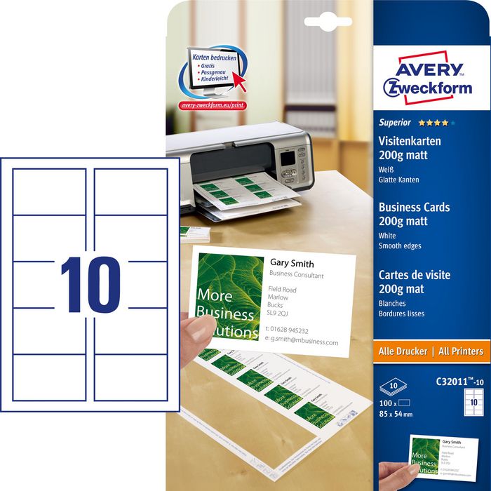 Avery Business Cards 85 X 54 Quick & Clean 10 Sheets Business Card Laser/Inkjet Paper 100 Pc(S) - W128443819