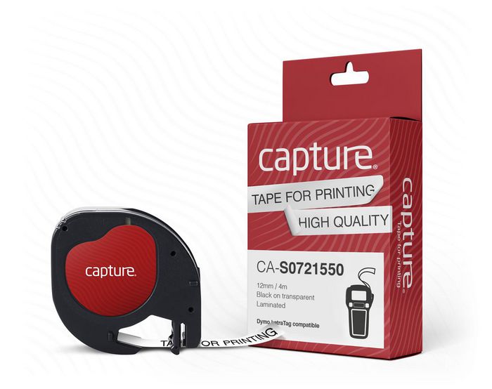 Capture S0721550 LetraTag compatible 12mm x 4m Black on Transparent, Plastic Tape - W127168675