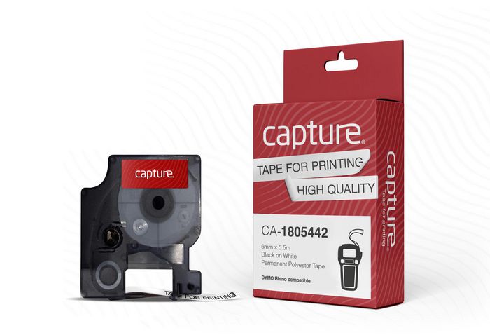 Capture 1805442 Rhino compatible 6mm x 5.5m Black on White Permanent Polyester Tape - W128117190