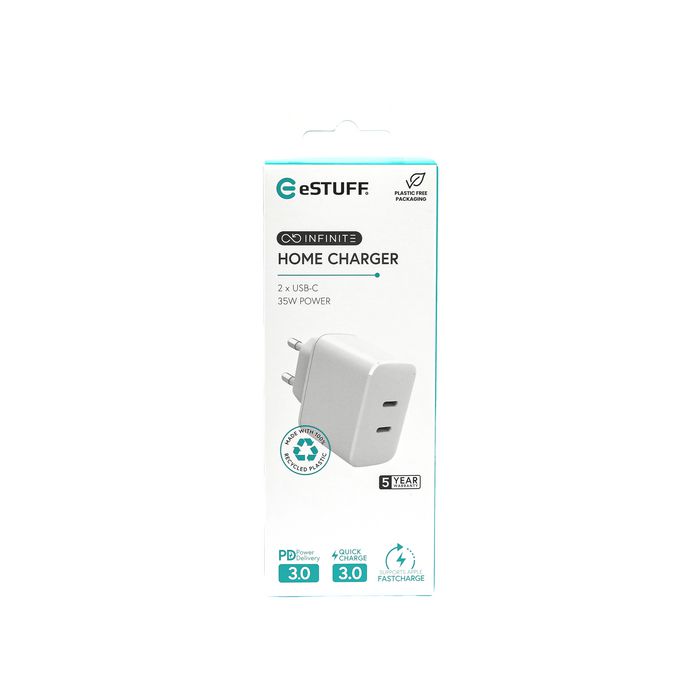 eSTUFF INFINITE USB-C Charger EU PD 35W - White - 100% Recycled Plastic - W128188395