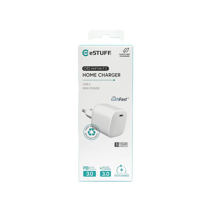 eSTUFF INFINITE USB-C Charger EU PD 45W GaN. - White - 100% Recycled Plastic - W128189067