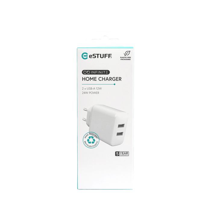 eSTUFF INFINITE USB-A Charger EU 24W - White - 100% Recycled Plastic - W128189072