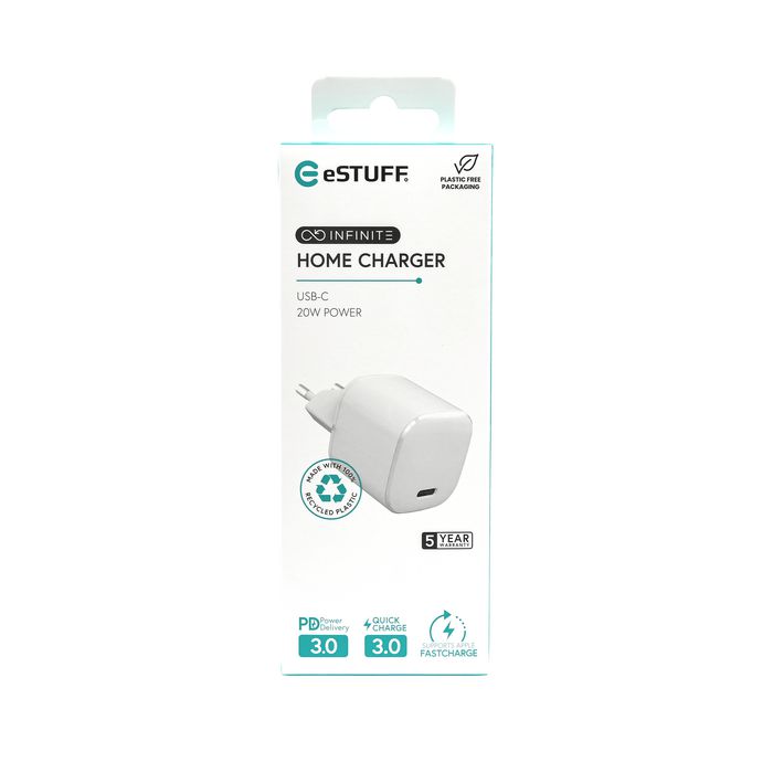 eSTUFF INFINITE USB-C Charger EU PD 20W - White - 100% Recycled Plastic - W127225410