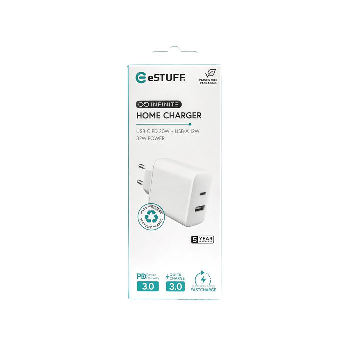 eSTUFF INFINITE USB-C PD 20W + USB-A 12W, EU Plug - White - 100% Recycled Plastic - W127225411