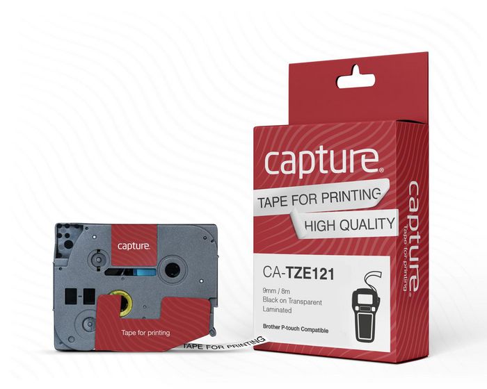 Capture TZE121 P-Touch compatible 9mm x 8m Black on Transparent Tape - W127032261