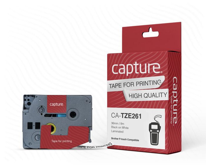Capture TZE261 P-Touch compatible 36mm x 8m Black on White Tape - W127032273