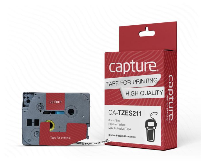 Capture TZES211 P-Touch compatible 6mm x 8m Black on White Max Adhesive Tape - W127032284