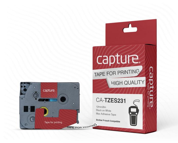 Capture TZES231 P-Touch compatible 12mm x 8m Black on White Max Adhesive Tape - W127032285