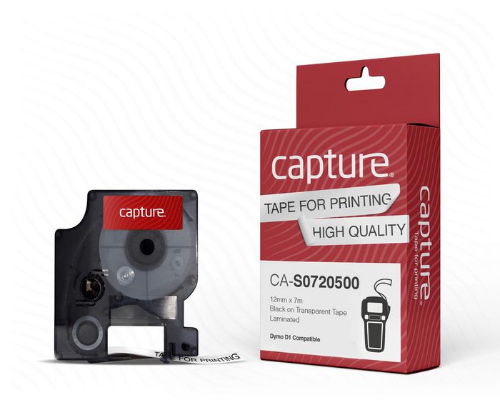Capture S0720500 D1 compatible 12mm x 7m Black on Transparent Labeltape - W127032253
