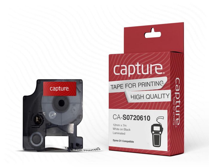 Capture 12mm x 7m White on Black Tape. D1 compatible. - W128226197