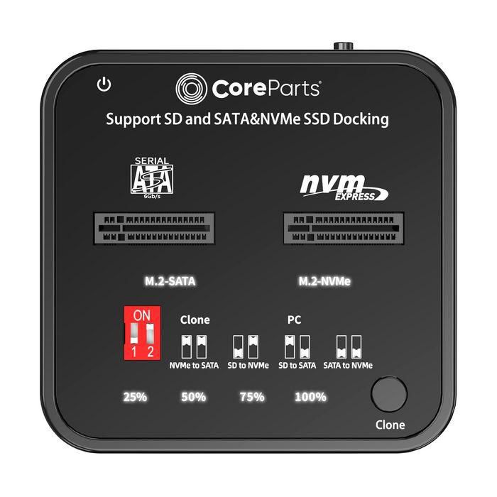 CoreParts USB3.2 Type-C (10Gbps) M.2 SATA/NVMe SSD Clone Docking with SD express card reader - Box includes USB-C Cable, Power Supply and user manual - W128157534