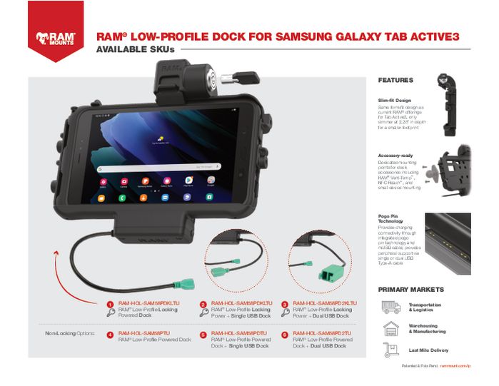 RAM Mounts Low-Profile Locking Powered Dock for Tab Active3 - W128445210
