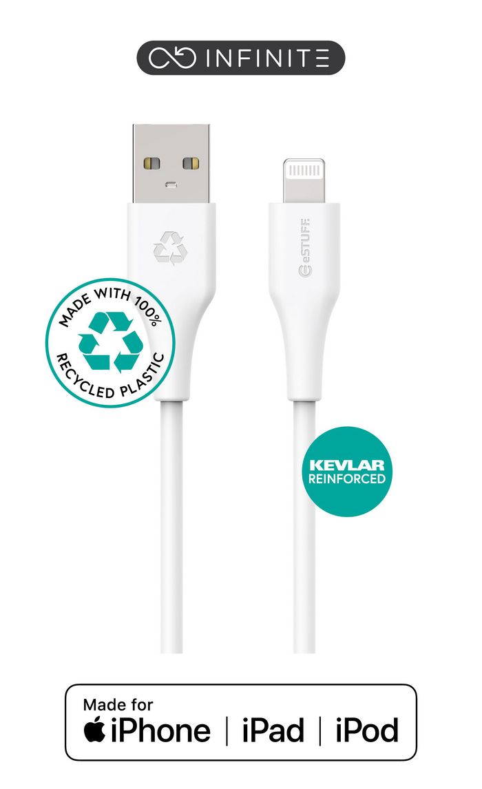 eSTUFF INFINITE Super Soft USB-A to Lightning Cable to Cable MFI 1m White - 100% Recycled Plastic - W127221733