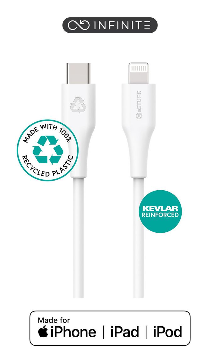 eSTUFF Ladekabel USB-C auf Lightning, 2m, Weiß MFI Zertifiziert, 100% recyceltes Plastik - W127222011