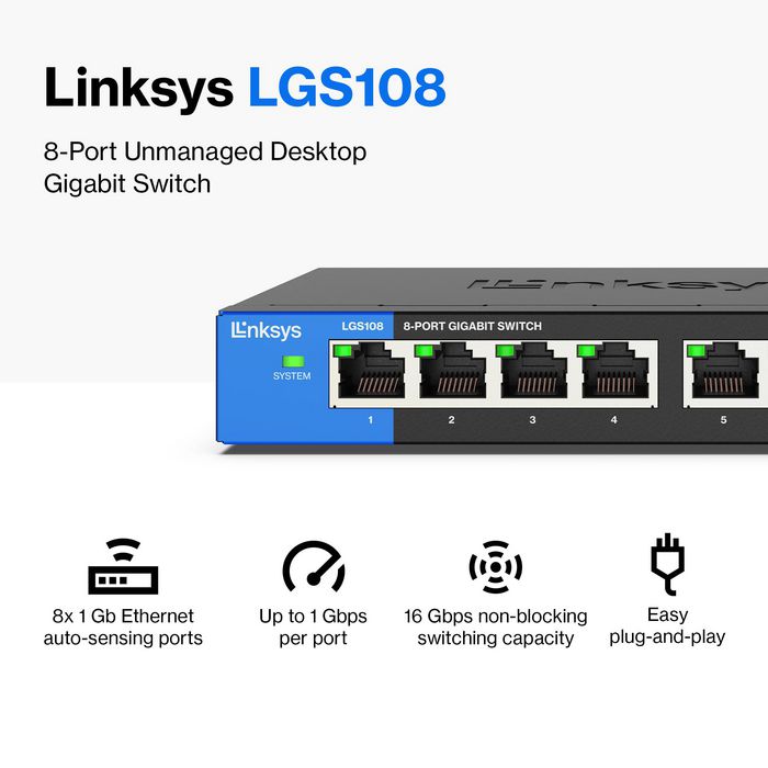 Linksys 8 x RJ-45, Gigabit Ethernet, IEEE 802.3 u/x/ab/az - W124583299