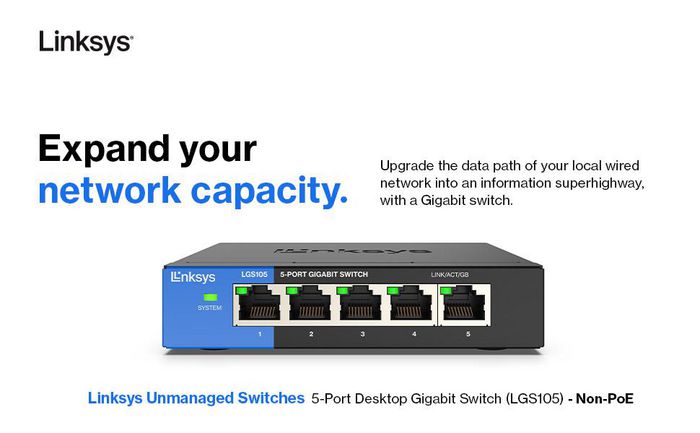 Linksys Lgs105 Unmanaged Gigabit Ethernet (10/100/1000) Black, Blue - W128252202