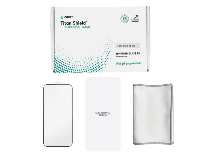 eSTUFF INFINITE Titan Shield Screen Protector - 50 pcs BULK Pack - for iPhone 15 Pro – Full Cover - W128340747