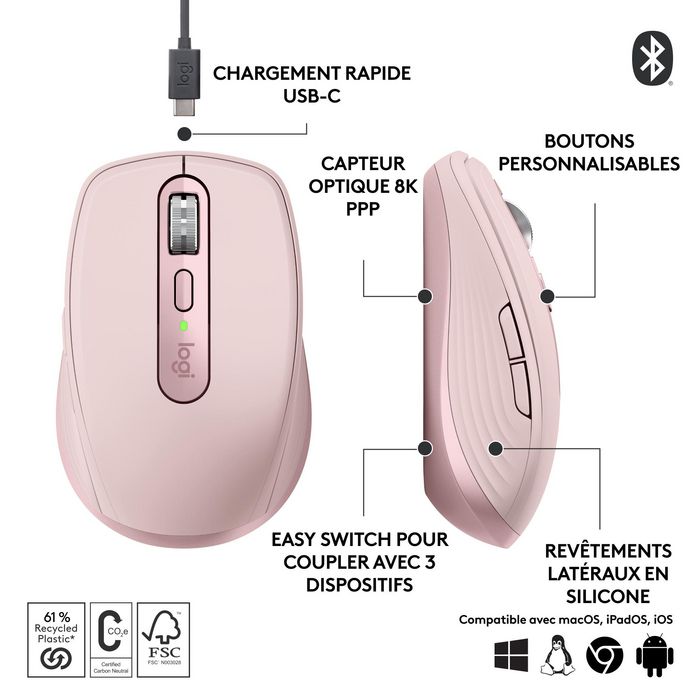 Logitech MX Anywhere 3S mouse Right-hand RF Wireless + Bluetooth Laser 8000 DPI - W128485195