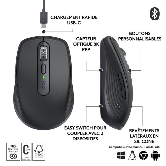 Logitech Mx Anywhere 3S Mouse Right-Hand Rf Wireless + Bluetooth Laser 8000 Dpi - W128443435