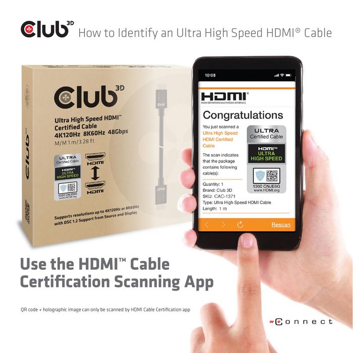 Club3D Ultra High Speed Hdmi 4K120Hz, 8K60Hz Certified Cable 48Gbps M/M 1 M/3.28 Ft - W128559432