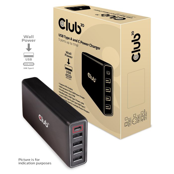 Club3D Usb Type A And C Power Charger, 5 Ports Up To 111W - W128559500