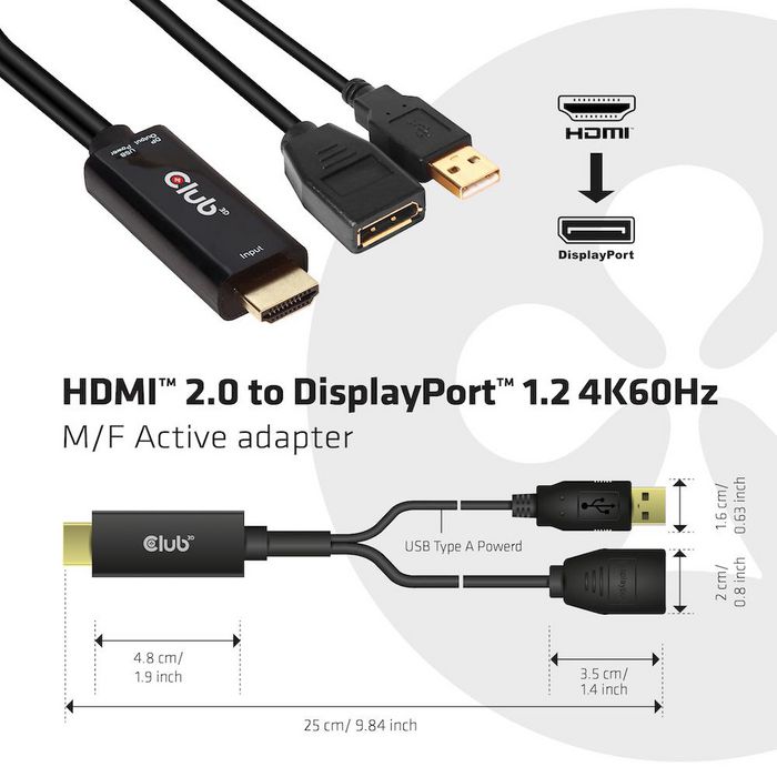 Club3D Hdmi 2.0 To Displayport 1.2 4K60Hz Hdr M/F Active Adapter Black - W128559602