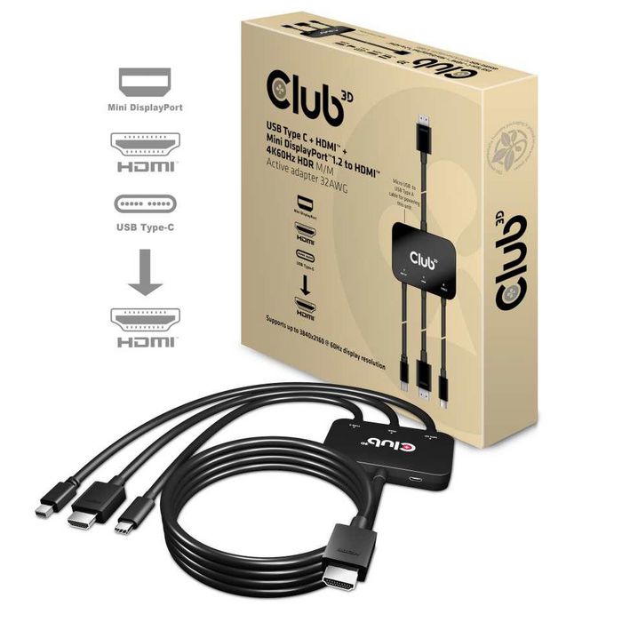 Club3D Usb Type C + Hdmi™ + Minidisplayport™ 1.2 To Hdmi™ 4K60Hz Hdr M/M Active Adapter 32Awg - W128559616