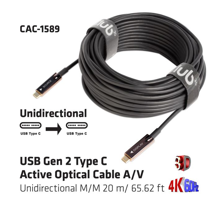 Club3D Usb Gen 2 Type C Active Optical Cable A/V Unidirectional M/M 20 M/ 65.62 Ft - W128559675