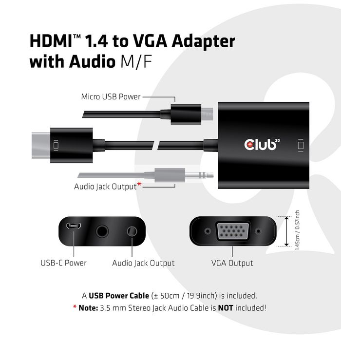 Club3D Video Cable Adapter 0.5 M Hdmi Type A (Standard) Vga (D-Sub) Black - W128559946