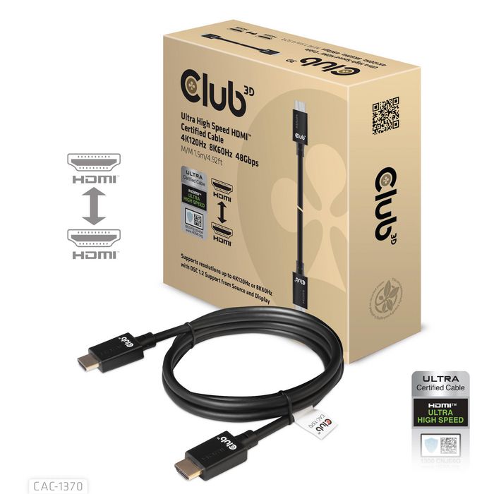 Club3D Ultra High Speed Hdmi 4K120Hz, 8K60Hz Certified Cable 48Gbps M/M 1.5 M/4.92 Ft - W128560061