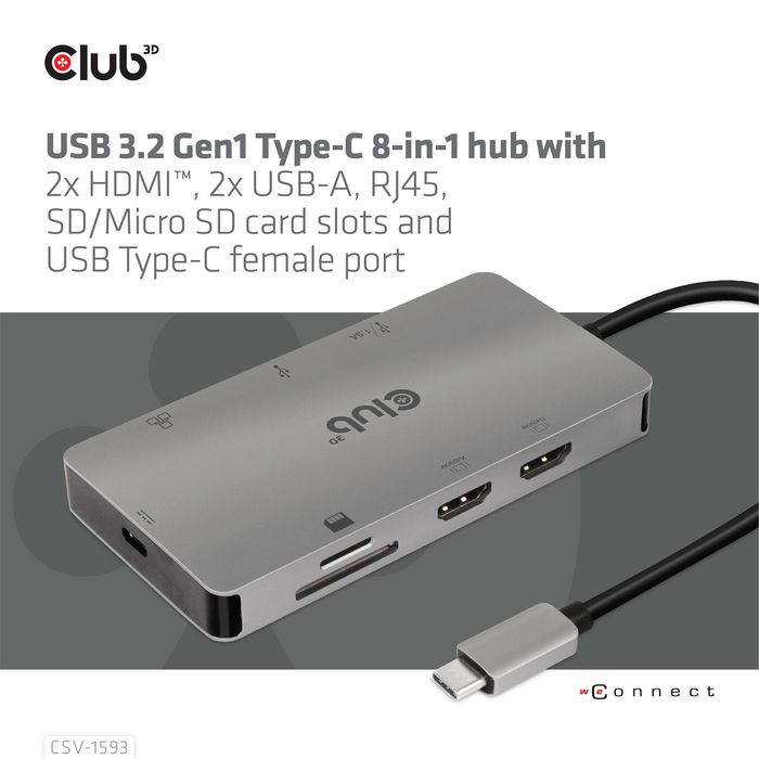 Club3D Type-C 8-In-1 Hub With 2X Hdmi, 2X Usb-A, Rj45, Sd/ Micro Sd Card Slots And Usb Type-C Female Port - W128560143