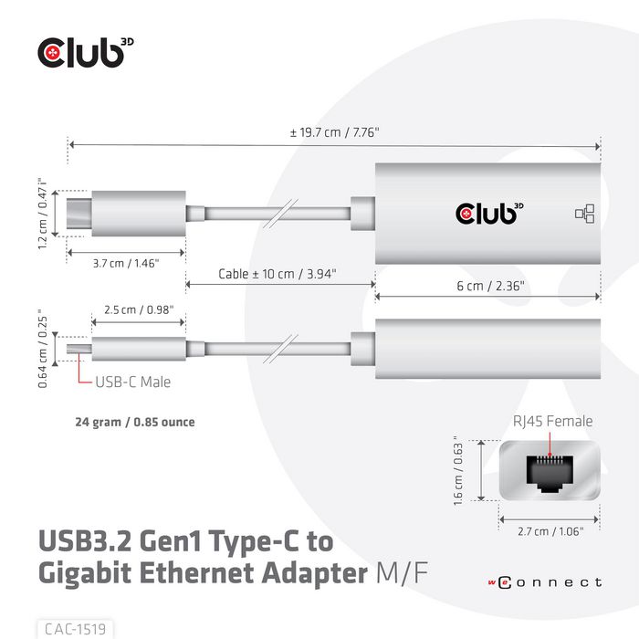 Club3D Usb3.2 Gen1 Type-C To Gigabit Ethernet Adapter M/F - W128560142