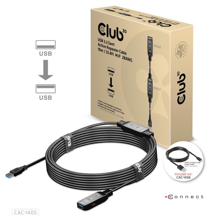 Club3D Usb 3.2 Gen1 Active Repeater Cable 10M / 32.8Ft M/F 28Awg - W128560362