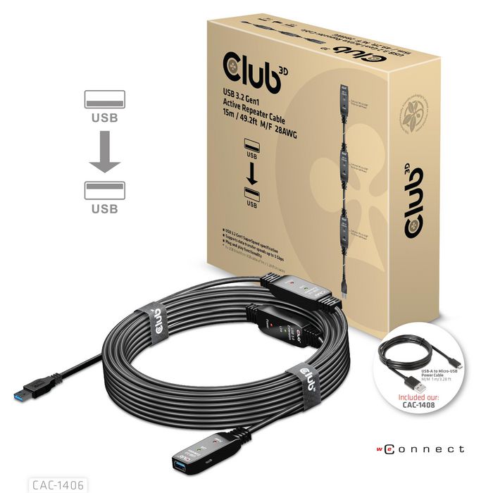 Club3D Usb 3.2 Gen1 Active Repeater Cable 15M/ 49.2 Ft M/F 28Awg - W128560364