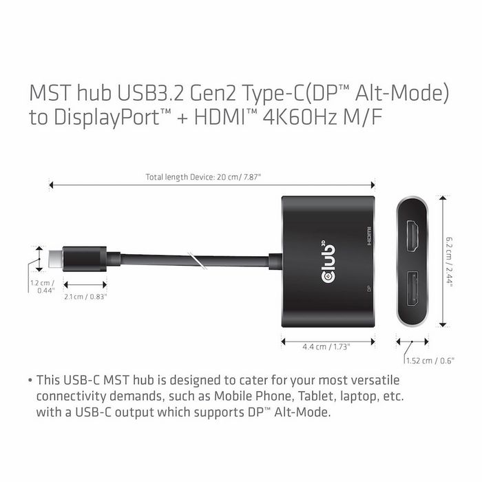 Club3D Mst Hub Usb3.2 Gen2 Type-C(Dp Alt-Mode) To Displayport + Hdmi 4K60Hz M/F - W128560520