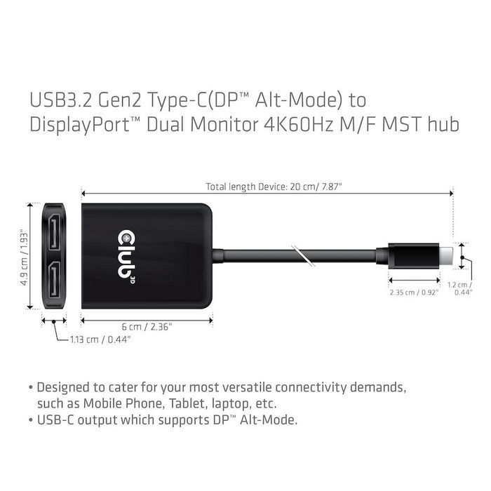 Club3D Usb3.2 Gen2 Type-C(Dp™ Alt-Mode) To Displayport™ Dual Monitor 4K60Hz M/F Mst Hub - W128560521