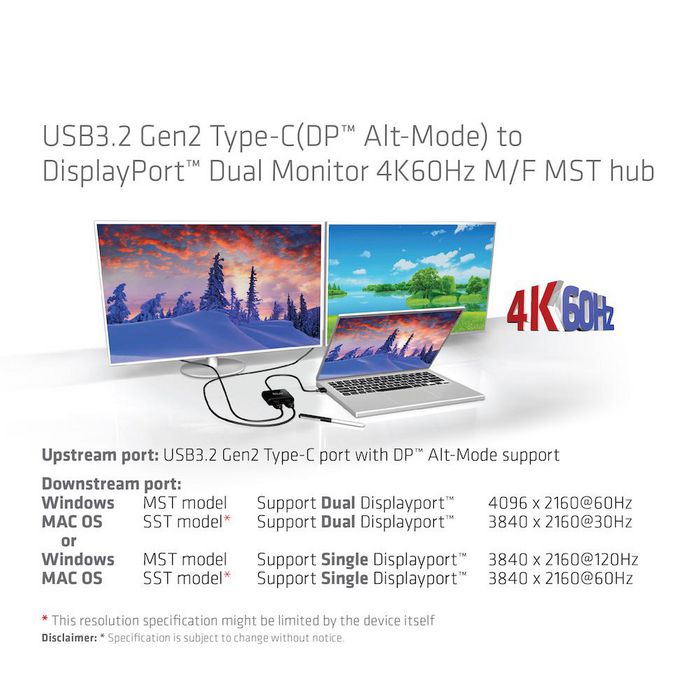 Club3D Usb3.2 Gen2 Type-C(Dp™ Alt-Mode) To Displayport™ Dual Monitor 4K60Hz M/F Mst Hub - W128560521