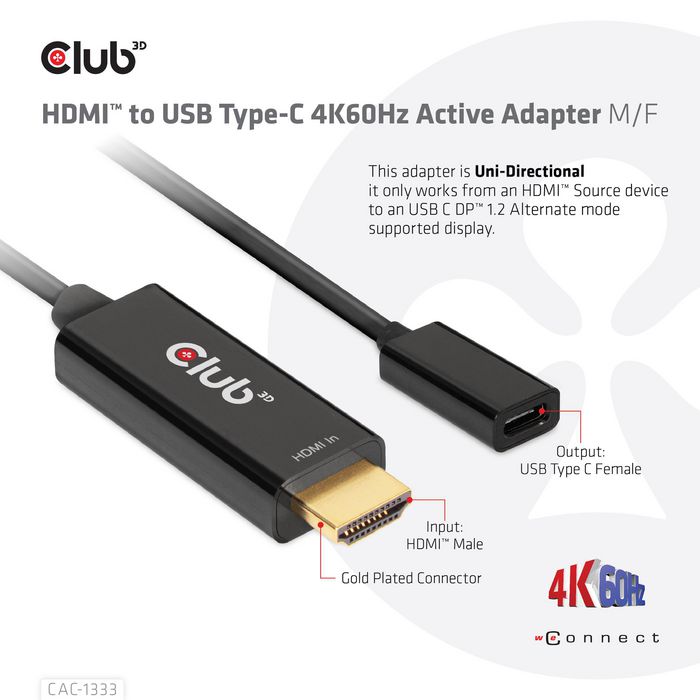 Club3D Hdmi To Usb Type-C 4K60Hz Active Adapter M/F - W128560722