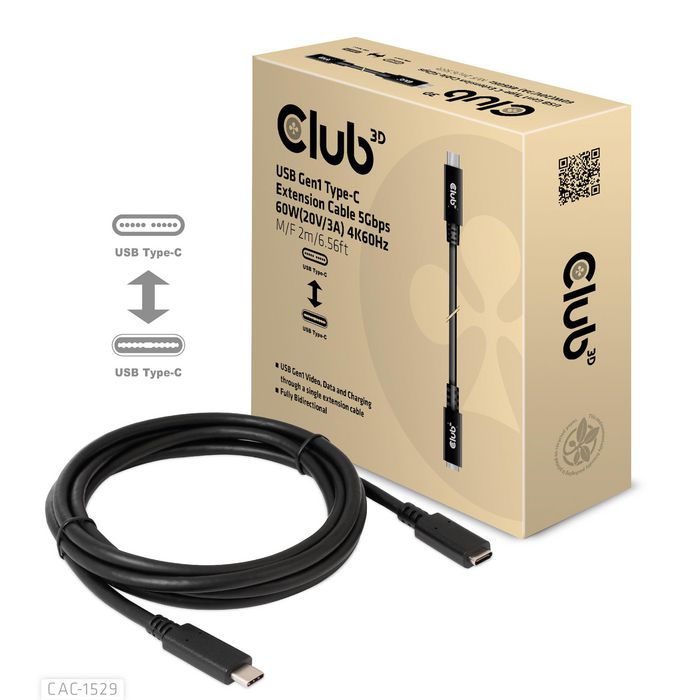 Club3D Usb Gen1 Type-C Extension Cable 5Gbps 60W(20V/3A) 4K60Hz M/F 1M/3.28Ft - W128560903