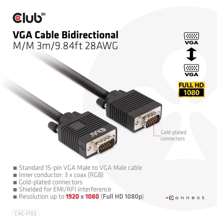 Club3D Vga Cable Bidirectional M/M 3M/9.84Ft 28Awg - W128561042