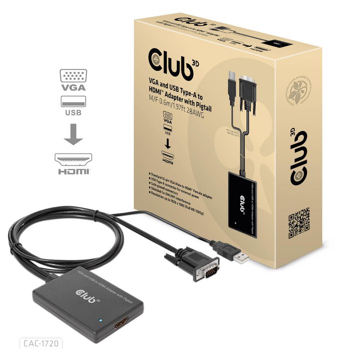 Club3D Vga And Usb Type-A To Hdmi Adapter With Pigtail M/F 0.6M/1.97Ft 28Awg - W128561038