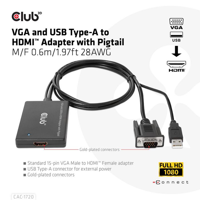 Club3D Vga And Usb Type-A To Hdmi Adapter With Pigtail M/F 0.6M/1.97Ft 28Awg - W128561038