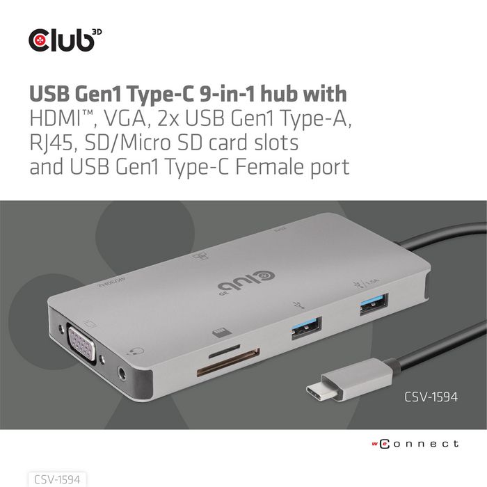 Club3D Usb Gen1 Type-C 9-In-1 Hub With Hdmi, Vga, 2X Usb Gen1 Type-A, Rj45, Sd/Micro Sd Card Slots And Usb Gen1 Type-C Female Port - W128561059