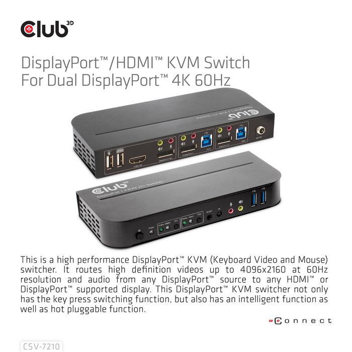 Club3D Displayport/Hdmi Kvm Switch For Dual Displayport 4K 60Hz - W128561286