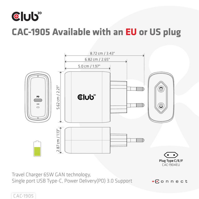 Club3D Travel Charger 65W Gan Technology, Single Port Usb Type-C, Power Delivery(Pd) 3.0 Support - W128561433