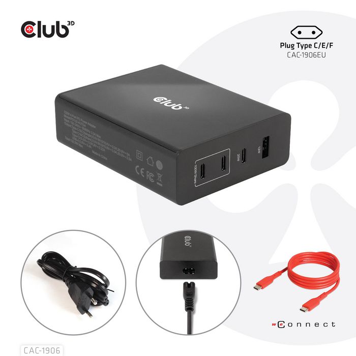 Club3D Travel Charger 132W Gan Technology, Four Port Usb Type-A And -C, Power Delivery(Pd) 3.0 Support - W128561435