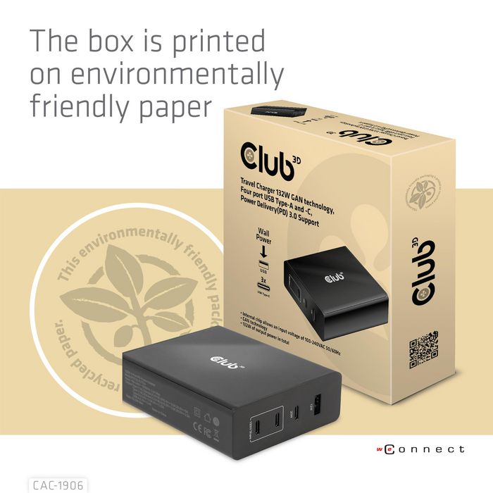 Club3D Travel Charger 132W Gan Technology, Four Port Usb Type-A And -C, Power Delivery(Pd) 3.0 Support - W128561435