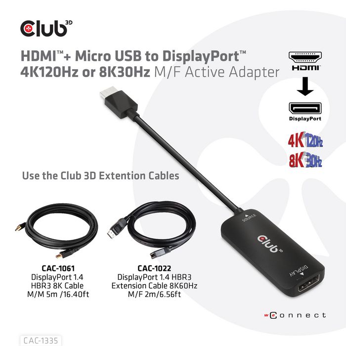 Club3D Hdmi + Micro Usb To Displayport™ 4K120Hz Or 8K30Hz M/F Active Adapter - W128561817