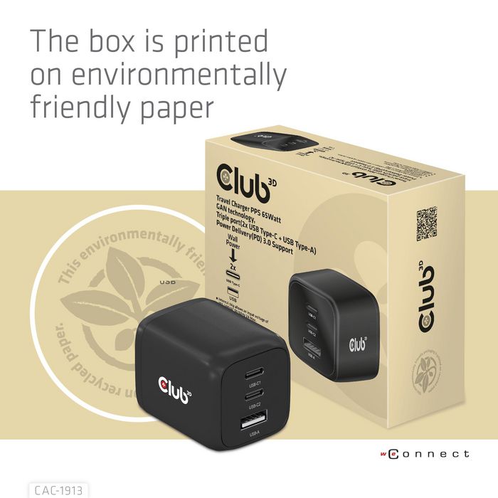 Club3D Travel Charger Pps 65Watt Gan Technology, Triple Port (2X Usb Type-C + Usb Type-A) Power Delivery(Pd) 3.0 Support - W128562718