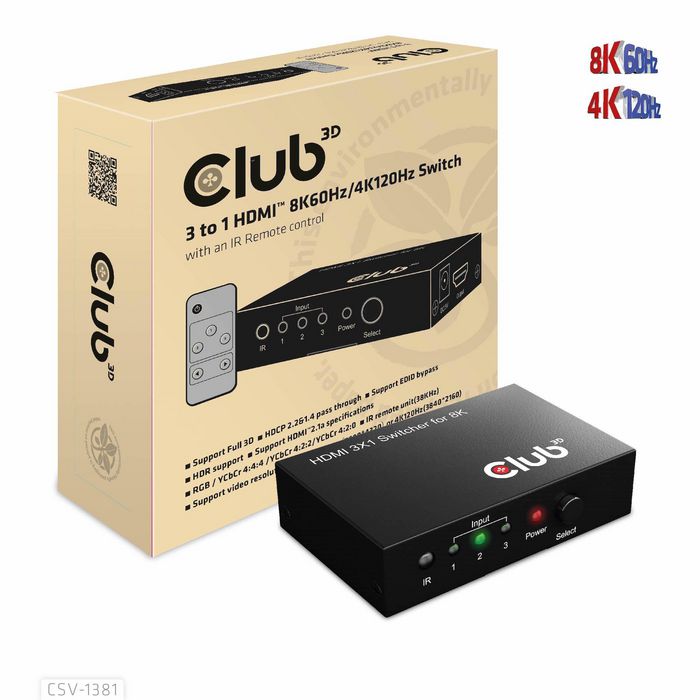 Club3D 3 To 1 Hdmi™ 8K60Hz/4K120Hz Switch - W128563274